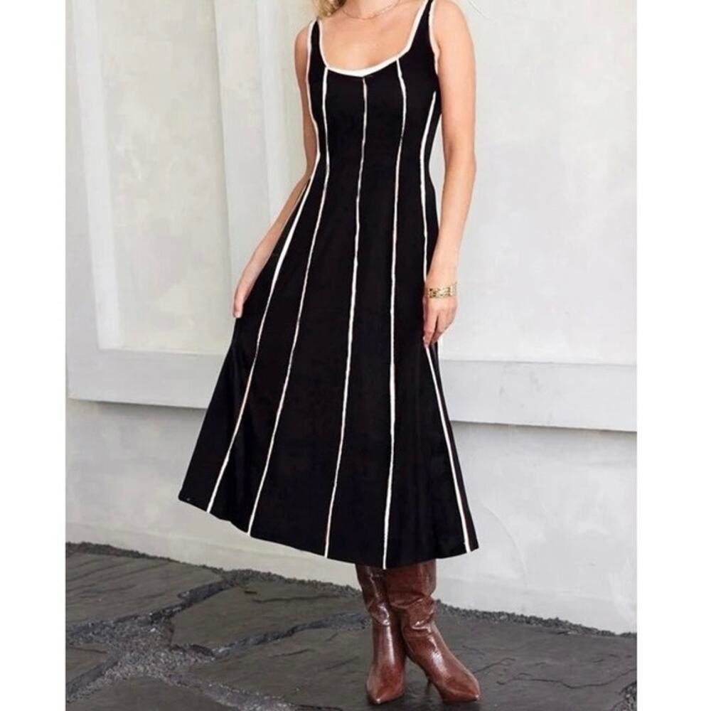 NWT LOFT Striped Linen Blend Midi Dress Black White Sleeveless Petite 6P